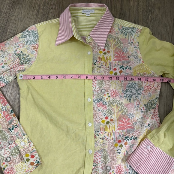 FlatIron Workshop Button-Up Top Sz 3 Long Sleeve Green Pink Trees Stripe Preppy - Picture 9 of 14